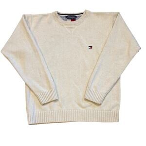 Vtg Tommy Hilfiger Sweater Mens Medium Cream Chunky Knit Crewneck Minimalist 90s